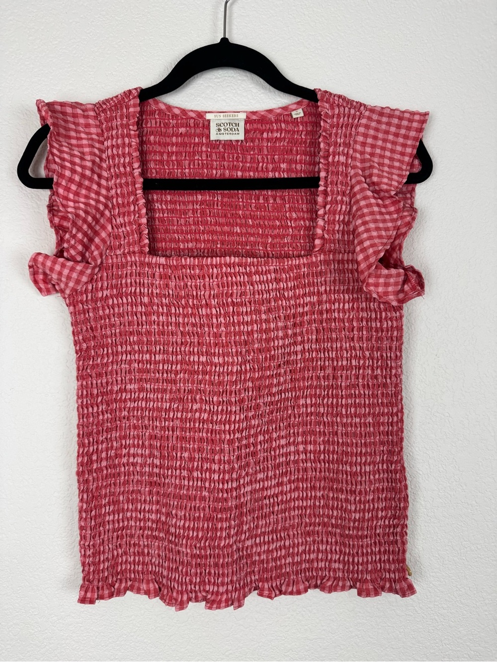 Scotch & Soda Pink & Red Plaid Gingham Square Neckline Ruffle Sleeve Top Summer